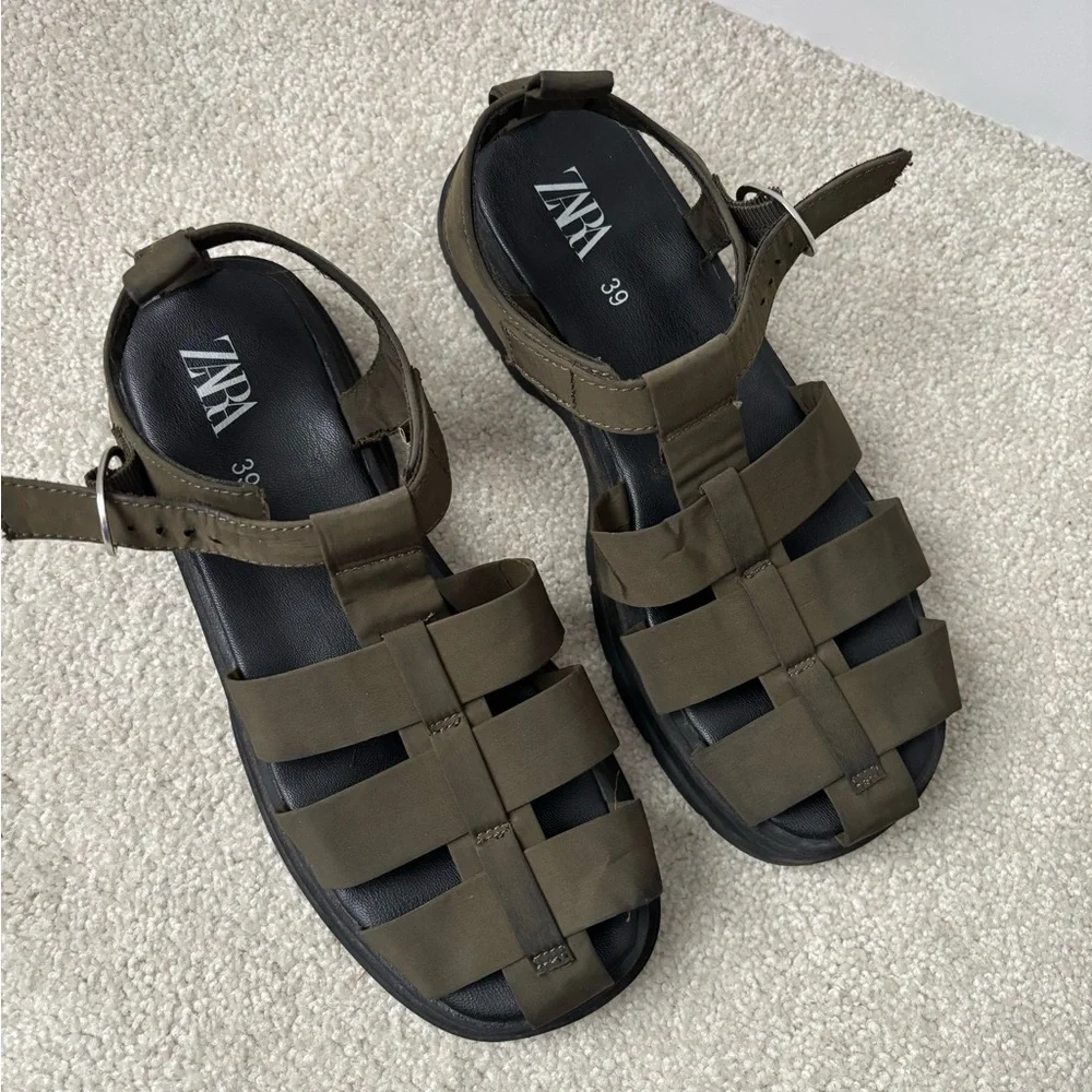 Zara Chunky Sport Sandals Olive Green Platform Size 39 Utility - Picture 3 of 9